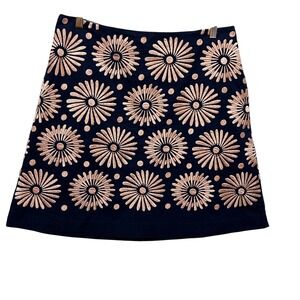Boden Women Knee Length A-Line Skirt‎ 10 Navy Tan Embroidered Floral Statement